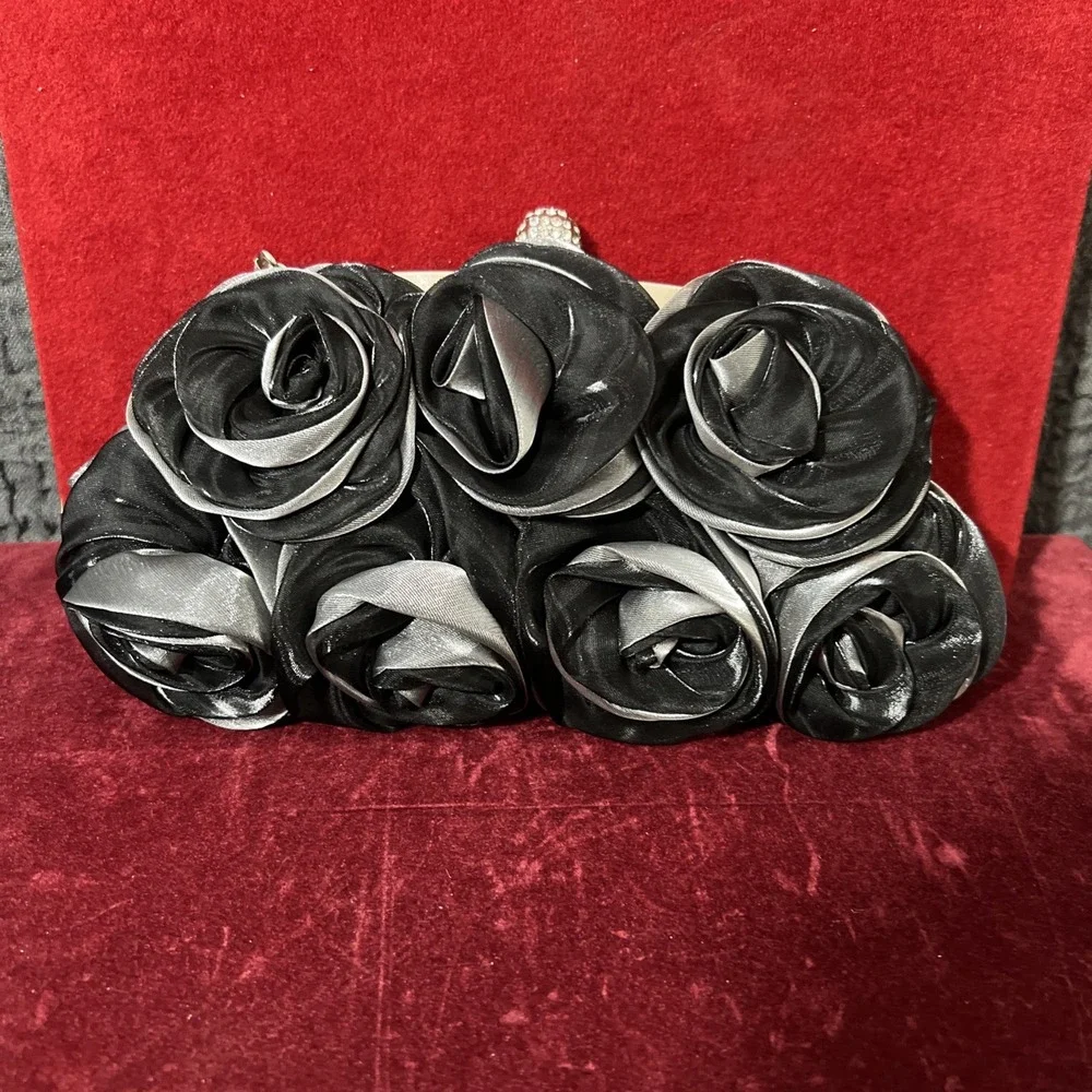 Women Satin Rose Rhinestone Black / Gray Color Handbag Silver tone chain - Picture 2 of 14